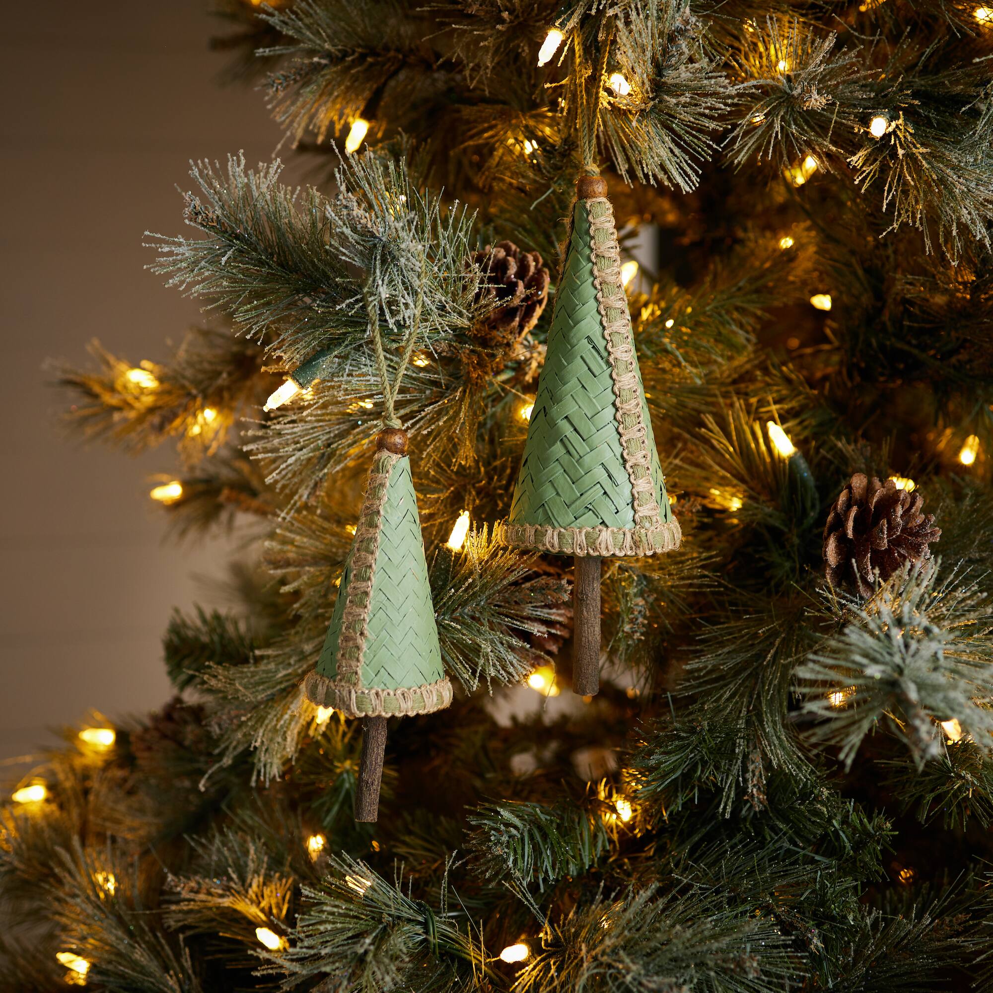 Woven Bamboo Pine Tree Ornament, 4ct.